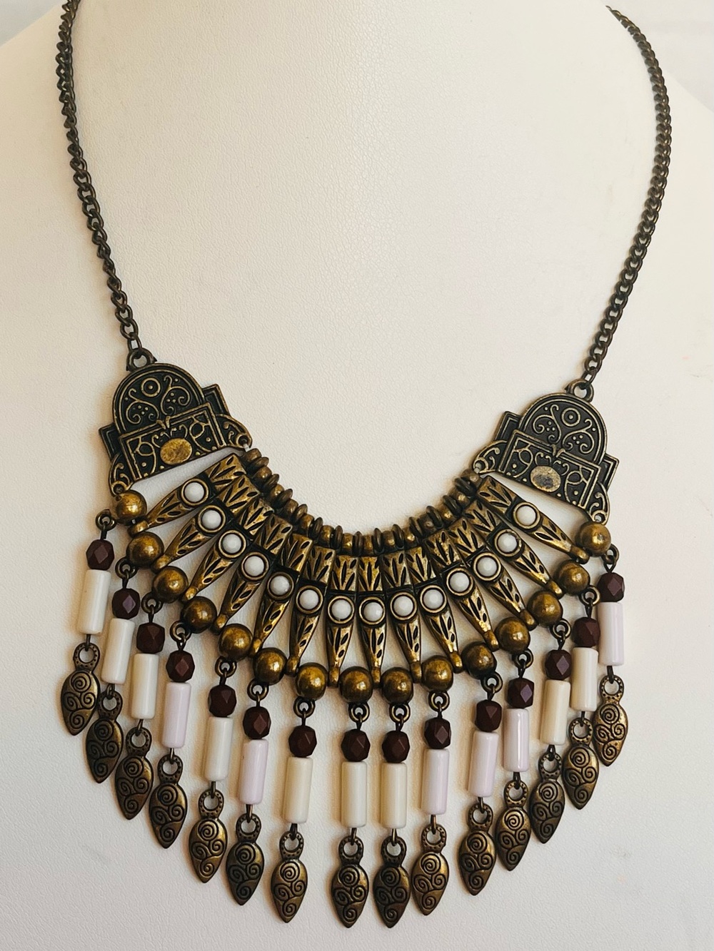 Vintage Egyptian Revival Brass Tone Bib Necklace Dangle Beads 17-18” 59g